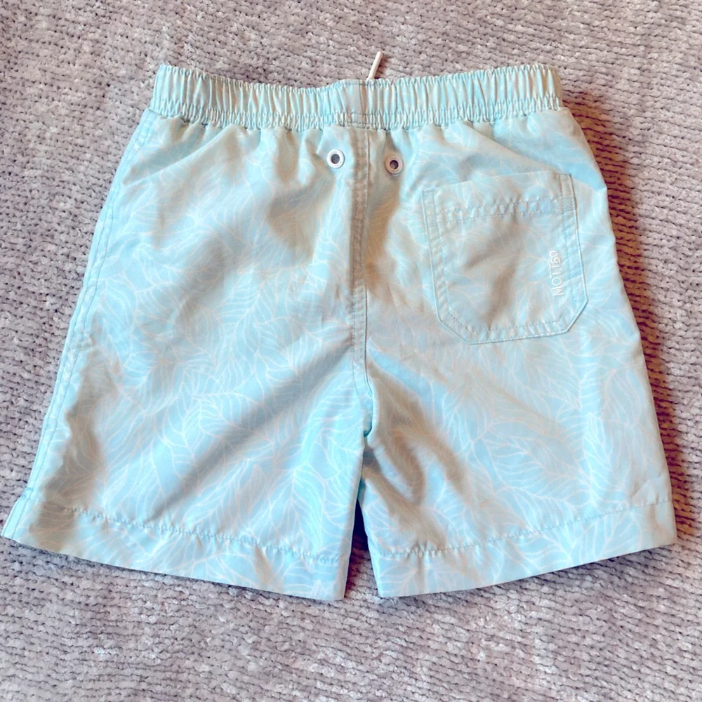 Mott50 Boys UPF 50+ Tropical Leaf Swim Trunks‎ Aqua White Size 6/7